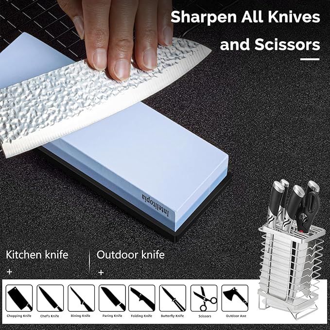 Intelitopia Complete Knife Sharpening Stone Set – Dual Grit Whetstone 400/1000 3000/8000 Knife Sharpener with Leather Strop, Flattening Stone, Bamboo Base, 3 Non-slip Rubber Bases & Angle Guide - Image 6