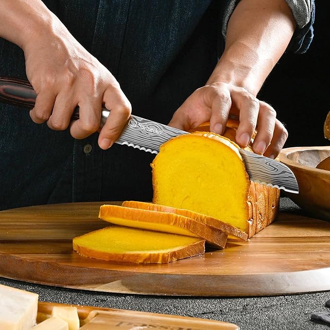 Sunnecko Bread Knife 8 Inch, High Carbon Stainless Steel Serrated Bread Knife for Homemade Bread, Wedding Cake Knife with Wooden Handle Serrated Kitchen Knife with Sheath - Image 3