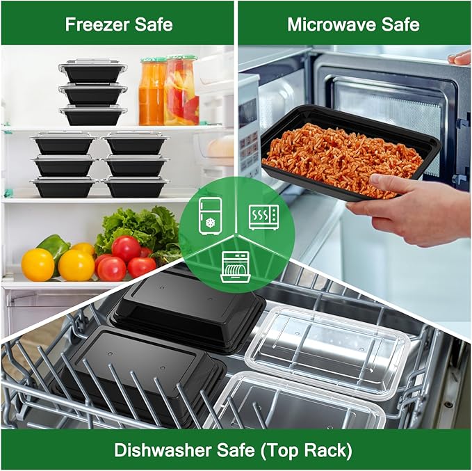 Dealusy 50 Pack (100-Piece) 28 oz Meal Prep Containers Reusable with Lids, Sturdy Leakproof & Food Safe, Microwave, Freezer, Dishwasher Safe Prep Containers, To Go Take Out Plastic Food Storage - Image 5