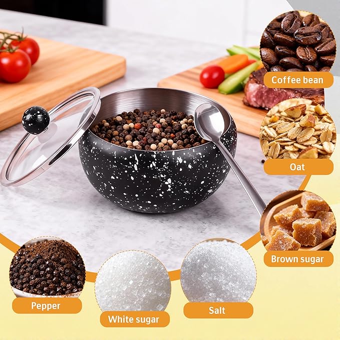 holoith Sugar Container with Glass Lid and Spoon, 16oz Snowflake pattern Stainless Steel Sugar Bowl for Coffee Bar Station Accessories Kitchen Storage for Salt, Candy, Coffee Bean (Black) - Image 6