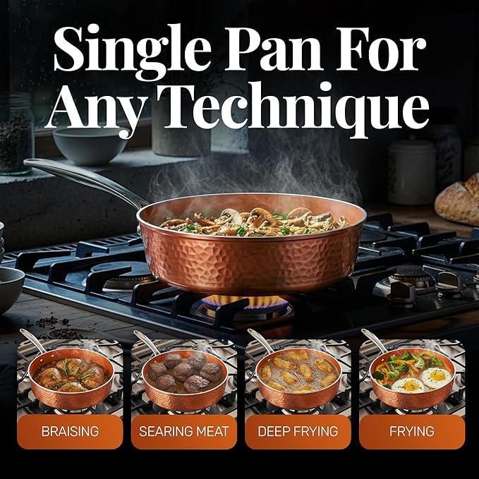GOTHAM STEEL 4 Qt Saute Pan with Lid, Large Nonstick Skillet for Cooking, 12” Hammered Deep Frying Pan, Family Sized Pans, Ceramic Coating for Sauce, Induction Ready Oven & Dishwasher Safe, Non Toxic - Image 3