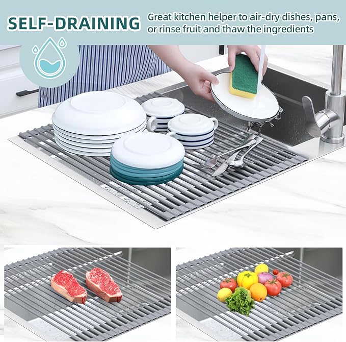 Ohuhu Sink Drying Rack, 20.5" W x 16.1" L Over The Sink Roll-Up Dish Drainer - Rolling Foldable Accessories Heat-Resistant Mat Anti-Slip Silicone Coated Multipurpose for Kitchen Counter - Image 2