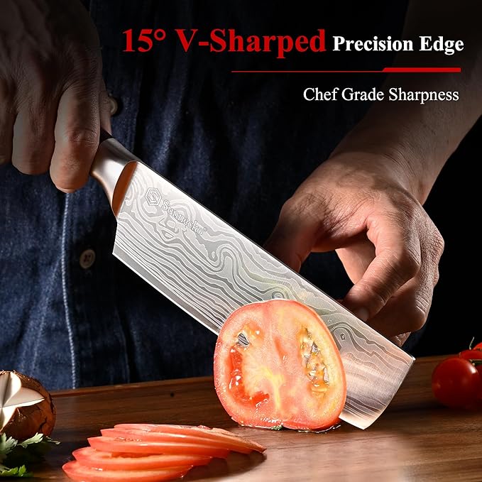Sunnecko Japanese Nakiri Knife 7 Inch - Carbon Steel Chef Knife Vegetable Cleaver with Sheath, Kitchen Gift for Home Cooks, Professional Kitchen Knife Gift Box - Image 2