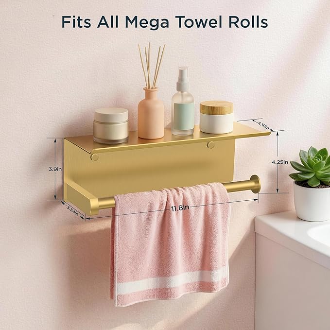 FORIOUS Paper Towel Holder with Shelf, SUS304 Stainless Steel Paper Towel Holder with Storage Shelf, Wall Mount Screw Paper Roll Organizer Commercial Paper Hand Towel Dispensers, Brushed Gold - Image 6