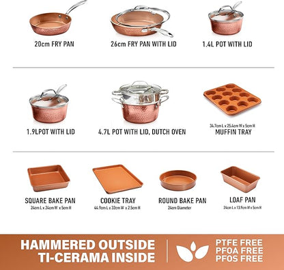 Gotham Steel Hammered 15 Pc Ceramic Cookware Set Nonstick, Induction Pots and Pans Set Non Stick with Bakeware Set & Steamer for Cooking, Non Toxic PFOA PFOS Free, Oven & Dishwasher Safe - Copper - Image 2