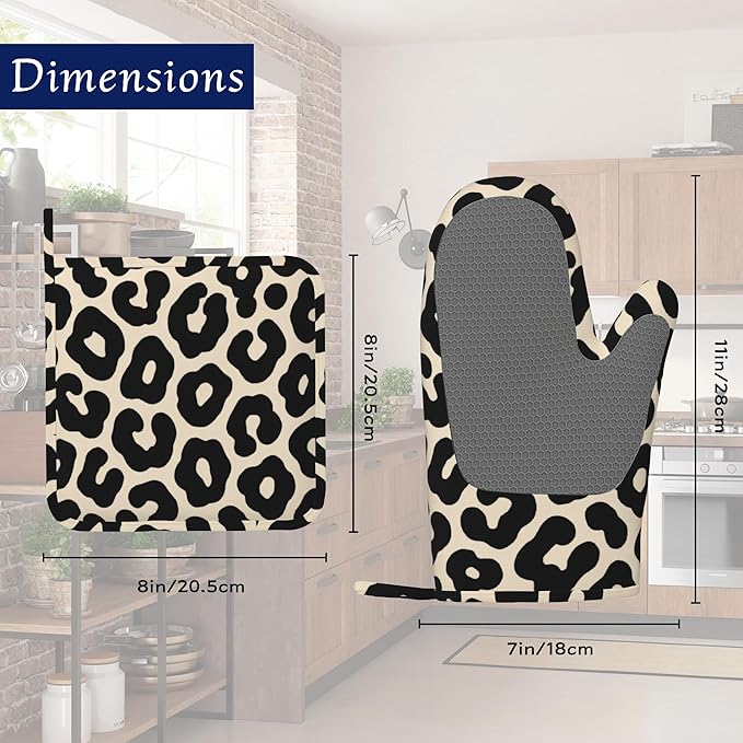 Black Leopard Print Pot Holders and Oven Mitts Set Silicone Cheetah Prints Kitchen Gloves Potholders Heat Resistant Washable,Chef Cooking Baking Gifts for Women Men Bakers Lover Cooks