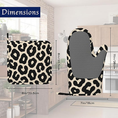Black Leopard Print Pot Holders and Oven Mitts Set Silicone Cheetah Prints Kitchen Gloves Potholders Heat Resistant Washable,Chef Cooking Baking Gifts for Women Men Bakers Lover Cooks