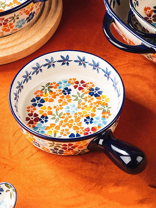 Colorful Cherry Blossom Flowers Vintage Style Ceramic Bakeware Dish Casserole Dish Baking Pan Lasagna Pans with Handles for Oven/Cooking/Kitchen, 1 PCS, 20 oz - Image 3