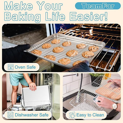 TeamFar Baking Sheet with Rack Set (3 Pans + 3 Racks), 17.6/16/12.5 Inch Stainless Steel Cookie Sheets Baking Pans Trays and Cooling Racks for Cooking Roasting, Non-Toxic & Heavy Duty, Dishwasher Safe