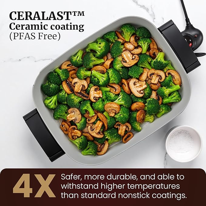 Elite Gourmet 15" x 12" x 3" Stow-Away Foldable Electric Skillet, Ceralast™ PFAS Free Ceramic, 1500W Rapid Heat, Dishwasher Safe Pan & Lid, Black/Grey - Image 4