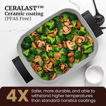 Elite Gourmet 15" x 12" x 3" Stow-Away Foldable Electric Skillet, Ceralast™ PFAS Free Ceramic, 1500W Rapid Heat, Dishwasher Safe Pan & Lid, Black/Grey - Image 4