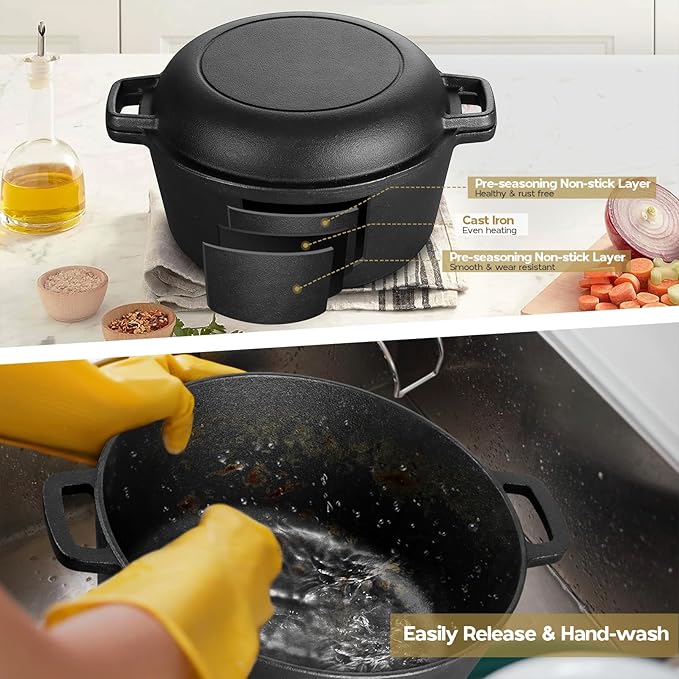 TeamFar Pre-season Cast Iron Dutch Oven with Skillet Lid, 2-in-1 Cast Iron Bread Pan Skillet Cookware with Dual Handles for Bread Baking, Frying, Camping, 5QT - Image 9