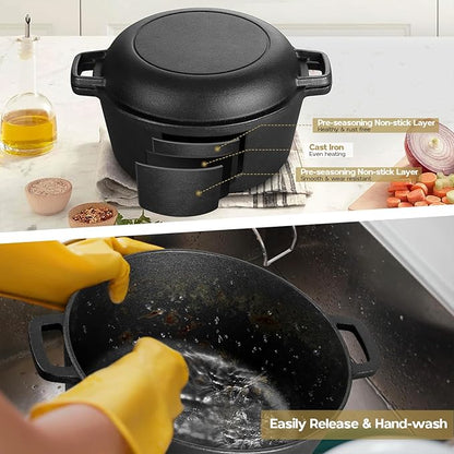 TeamFar Pre-season Cast Iron Dutch Oven with Skillet Lid, 2-in-1 Cast Iron Bread Pan Skillet Cookware with Dual Handles for Bread Baking, Frying, Camping, 5QT - Image 9
