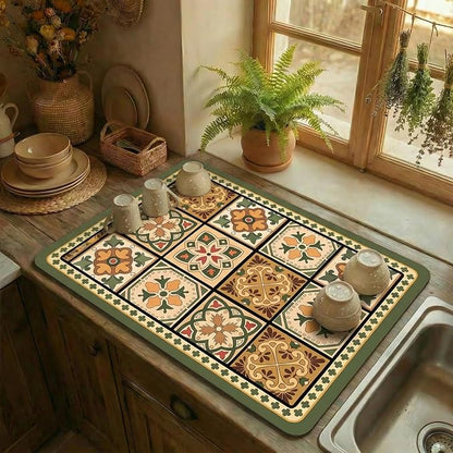 Boho Dish Drying Mat for Kitchen Counter - Super Absorbent Faux Leather Kitchen Mat, Quick Dry & Non-Slip Countertop Protector, Aesthetic Bohemian Decor for Coffee Bar (12"x19", Green)