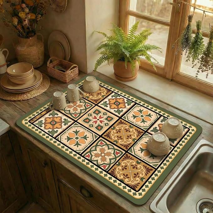 Boho Dish Drying Mat for Kitchen Counter - Super Absorbent Faux Leather Kitchen Mat, Quick Dry & Non-Slip Countertop Protector, Aesthetic Bohemian Decor for Coffee Bar (16"x21", Green)