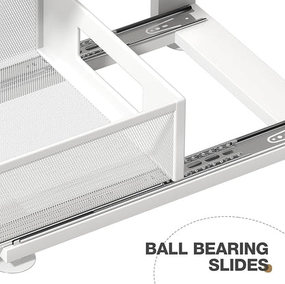 1 Pack Under Sink Organizer with Next-Gen Ball-Bearing Slides,2-Tier Pull Out Cabinet Storage,Height Adjustable Drawer Shelf for Bathroom,Kitchen,Laundry,Cabinet,Pantry-White