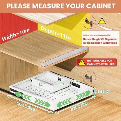 2 Pack Pull out Cabinet Organizer, Width (10"-15") Depth (11"-17"), with 3 Rails Adjustable Slide, Expandable Drawers for Cabinets, No Drill Adhesive Kitchen Drawers for Pantry Shelves white - Image 2