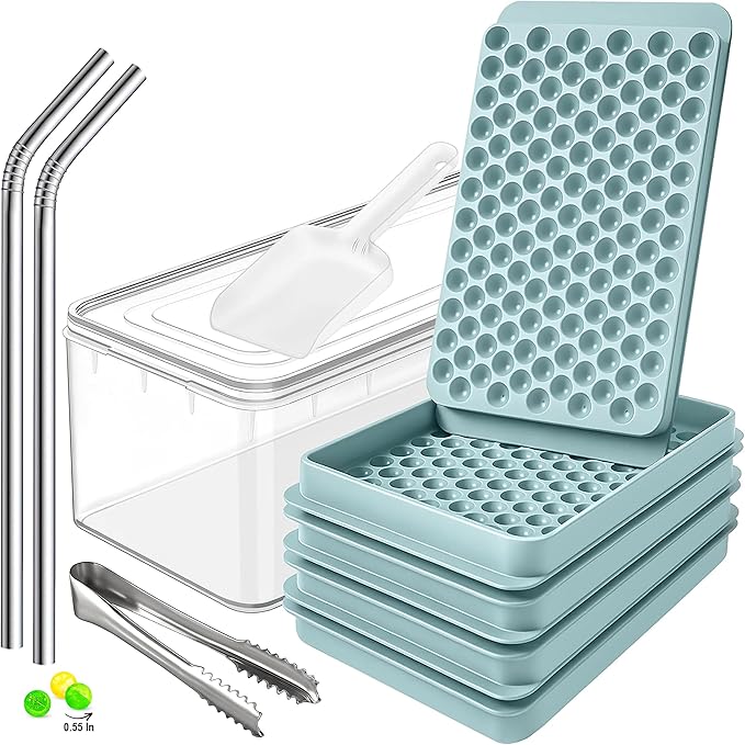 0.55in Mini Ice Cube Trays - Plastic Tiny Pebble Ice for Iced Coffee & Cocktails - Fast Chill, Easy Twist Release - Stackable with Lid, Storage Bin, Tongs, 2 Straws (4 pack, Blue) by CozyKitchenEssentials