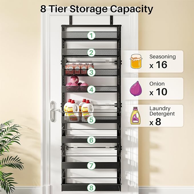SNTD 8 Tiers Over the Door Organizer - Height Adjustable Pantry Organizers and Storage with Dense Mesh Baskets, Anti-Swing Hanging Door Spice Rack for Kitchen Bathroom (Black, 17" W x 6" D x 69" H) - Image 7