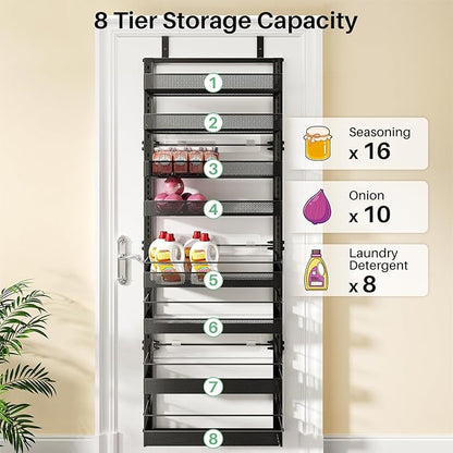 SNTD 8 Tiers Over the Door Organizer - Height Adjustable Pantry Organizers and Storage with Dense Mesh Baskets, Anti-Swing Hanging Door Spice Rack for Kitchen Bathroom (Black, 17" W x 6" D x 69" H) - Image 7