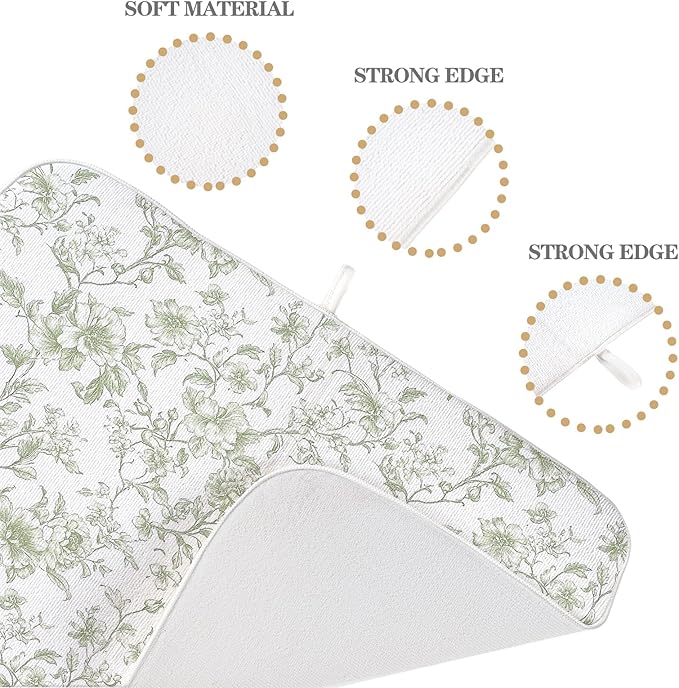 Sage Green Dish Drying Mat 18 x 24 Inch Chinoiserie Light Green Floral Drying Mat for Kitchen Counter Absorbent Spring Summer Flowers Dishes Dry Pad for Drainer Rack Kitchen Fast Dry