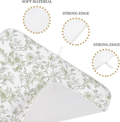 Sage Green Dish Drying Mat 18 x 24 Inch Chinoiserie Light Green Floral Drying Mat for Kitchen Counter Absorbent Spring Summer Flowers Dishes Dry Pad for Drainer Rack Kitchen Fast Dry