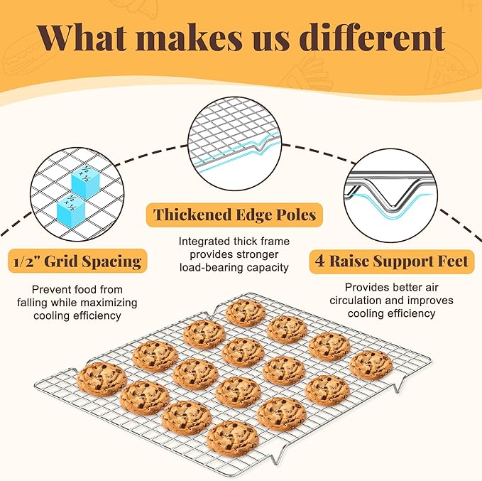 Cooling Racks for Cooking and Baking - 2 PCS 11.65" x 16.85" Grid Wire Baking Rack for Oven Cooking, Baking, Grilling, Roasting - Dishwasher Safe Bacon Rack - Fits Half Sheet Cookie Pan - Image 3