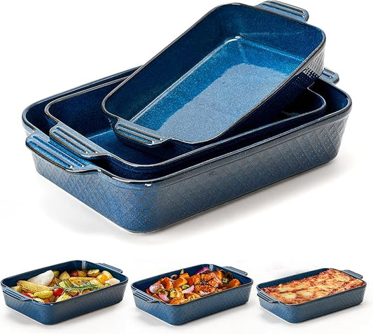 Ceramic Baking Dish Set of 3, Casserole Dishes for Oven, Square Porcelain Bakeware Set with Handles, Lasagna Baking Pan for Cooking, Perfect for Baking and Serving, Housewarming, Halloween, Thanksgiving, Christmas, New Year- Blue by Jemirry