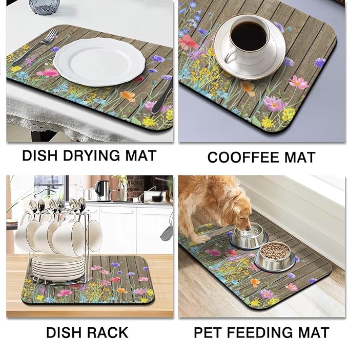 Dish Drying Mat for Kitchen Counter 2 Pack with Non-Slip Rubber Backing - Heat-Resistant Absorbent Coffee Bar Mat, Dish Rack Mat, Wooden Flower Dish Drying Mats 18x24+19.5x12 inch