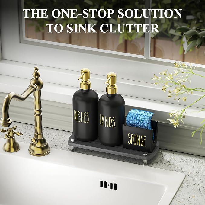 Cisily Kitchen Soap Dispenser Set Comes with Ceramics Sponge Holder, Gold Pumps, and Instant Dry Tray, Hand and Dish Soap Dispenser Set (4, Gold + Black + Sponge Holder) - Image 4