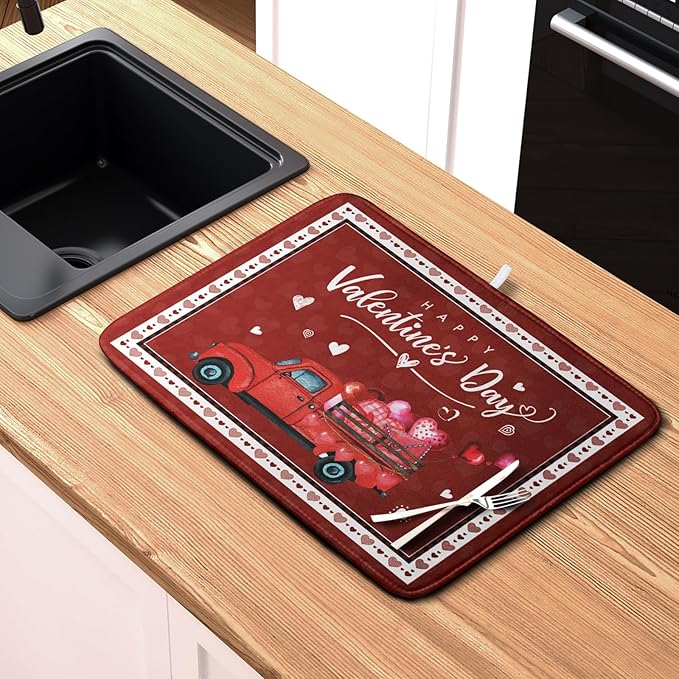 Happy Valentine's Day Dish Drying Mat for Kitchen Red Love Heart Truck Plaid Drying Mats Super Absorbent Dishes Drainer Pad Reversible Microfiber Dish Drying Rack Mat for Kitchen Counter 18x24 Inch - Image 6