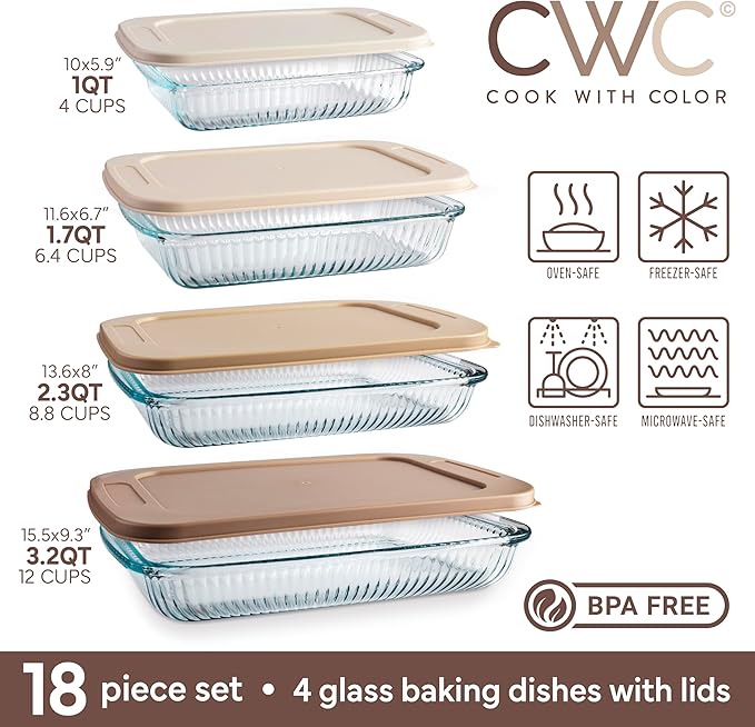 COOK WITH COLOR 8-Piece Deep Glass Baking Dish Set with Plastic Lids – Casserole and Food Storage Containers for Lasagna, Leftovers – Freezer-to-Oven, Microwave & Dishwasher Safe, Brown - Image 2