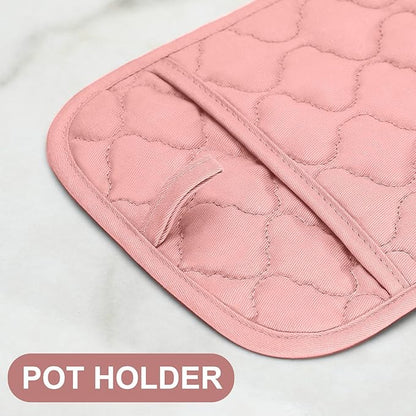 Oven Mitts Pot Holders Sets/Kitchen Towels and Dishcloths, Oven Gloves Kitchen Dish Towels 500 Degree Heat Resistant Potholders with Non-Slip Silicone Surface for Cooking, Grilling, Baking-Pink - Image 4