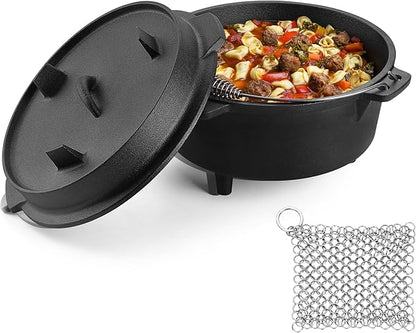 5QT Cast Iron Dutch Oven with Stainless Steel Scrubber, HaSteeL 2-In-1 Pre-seasoned Camping Pot, Heavy Duty Campfire Pot with Feet for Outdoor Stovetop Griddle Cooking Baking Roasting Stewing