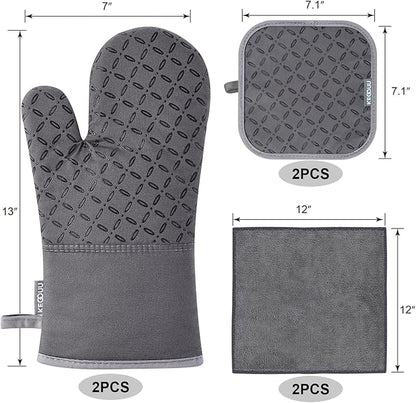KEGOUU Oven Mitts and Pot Holders 6pcs Set, Kitchen Oven Glove High Heat Resistant 500 Degree Extra Long Oven Mitts and Potholder with Non-Slip Silicone Surface for Cooking (Grey) - Image 2