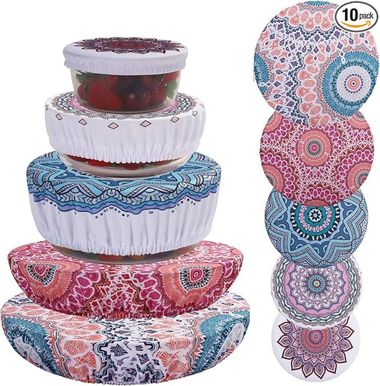 10Pcs Reusable Bowl Covers in 5 Sizes - Elastic Fabric Food Storage Lids for Bread Proofing, Dough, Sourdough & Leftovers - Eco-Friendly Stretch Covers for Kitchen, Baking, Picnic(pink, blue)