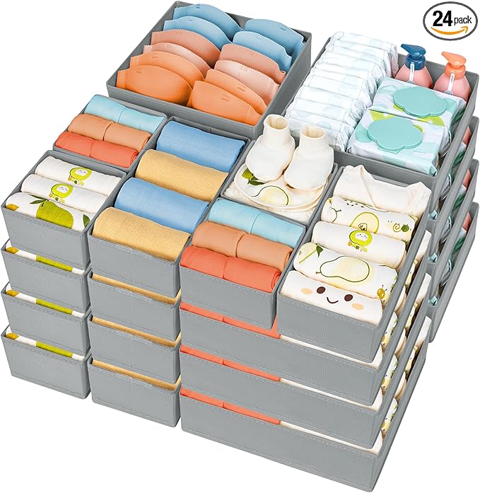 DIMJ Drawer Organizer Clothes, 24 Pack Dresser Organizer, Foldable Closet Organizers and Storage, Fabric Dresser Drawer Organizers, Drawer Dividers for Nursery, Baby Clothes, Underwears, Sock by DiMJ