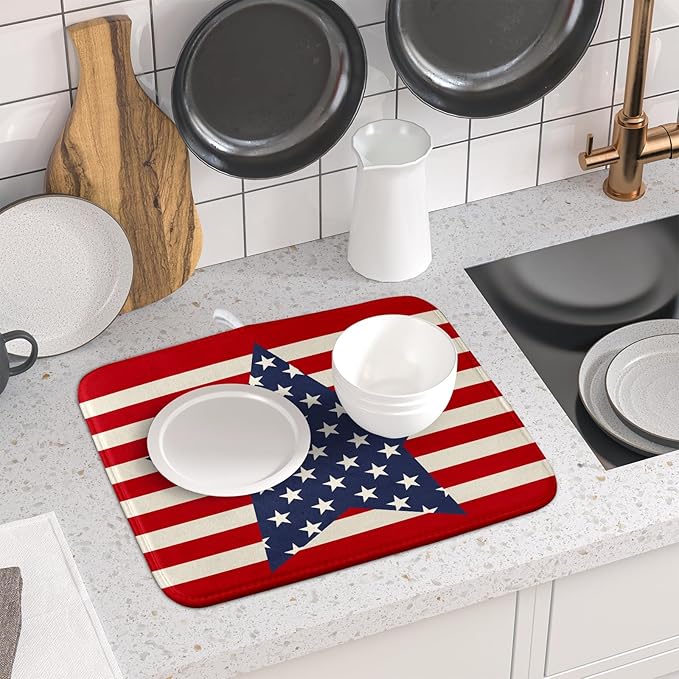 Blue Star Patriotic July of 4th Dish Drying Mat for Kitchen Counter 16x18 Independence Day Red Striped Absorbent Reversible Microfiber Drying Mats Kitchen Countertop Protector Dishes Drainer Rack Pad - Image 6