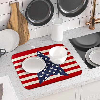 Blue Star Patriotic July of 4th Dish Drying Mat for Kitchen Counter 16x18 Independence Day Red Striped Absorbent Reversible Microfiber Drying Mats Kitchen Countertop Protector Dishes Drainer Rack Pad - Image 6