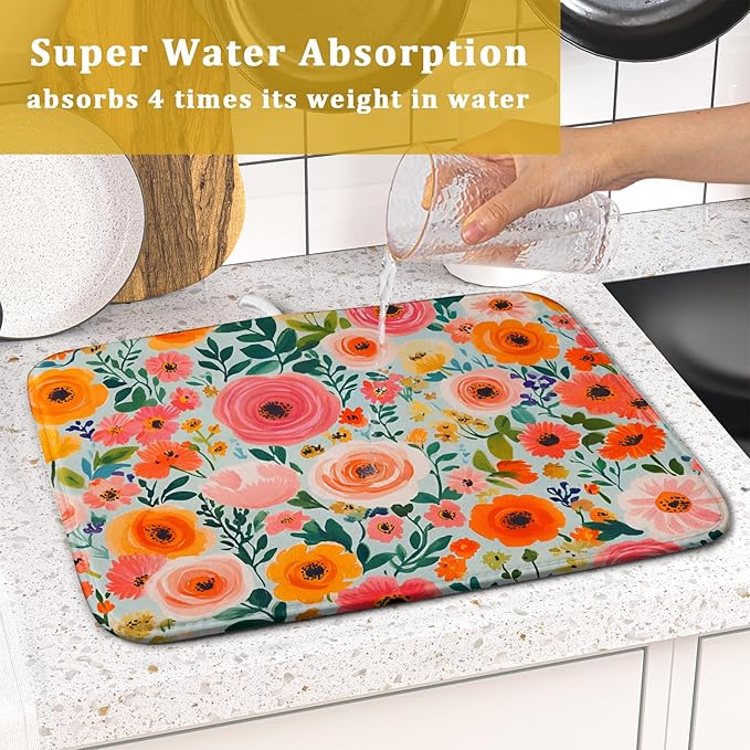 Spiral Flower Dish Drying Pad - Spring Bold Floral Printd Kitchen Countertop Cloth Pad for Home Decorative - Image 7