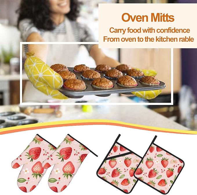 Strawberry Daisy Pattern Oven Gloves and Hot Pads Set - Heatproof Hand Protection for Baking, Grilling, Cooking 4Pcs