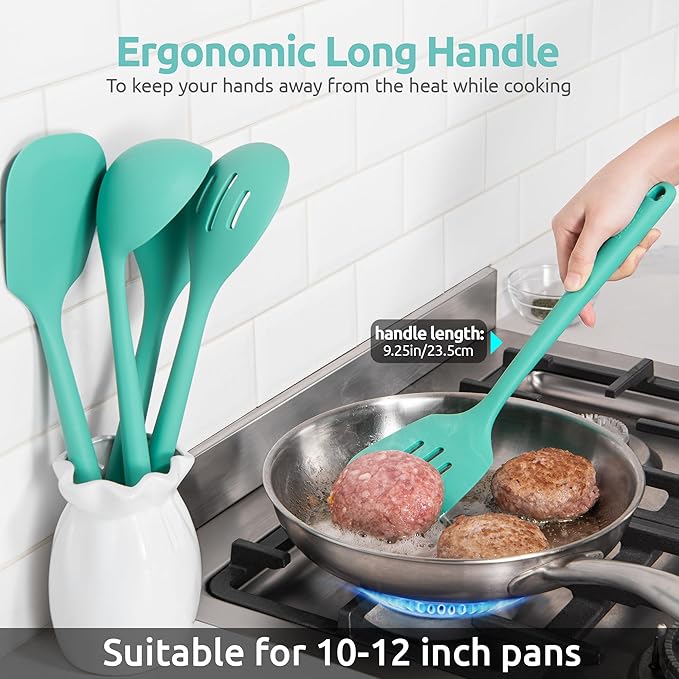 600ºF Heat Resistant Kitchen Utensil: U-Taste 13.6" Extra Long Silicone Cooking Tools Set, Food-Grade Non-Stick Solid and Slotted Turner Spatula, Mixing Spoon, and Soup Ladle (5 Pieces, Aqua Sky) - Image 7