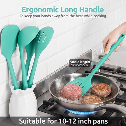 600ºF Heat Resistant Kitchen Utensil: U-Taste 13.6" Extra Long Silicone Cooking Tools Set, Food-Grade Non-Stick Solid and Slotted Turner Spatula, Mixing Spoon, and Soup Ladle (5 Pieces, Aqua Sky) - Image 7