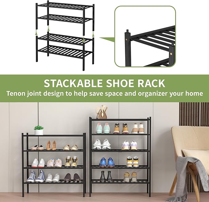 ROMGUAR CRAFT 4 Tier Bamboo Shoe Rack for Closet Free Standing Wood Shoe Shelf for Entryway Small Space Stackable 27"x11"x26" (Black) - Image 5