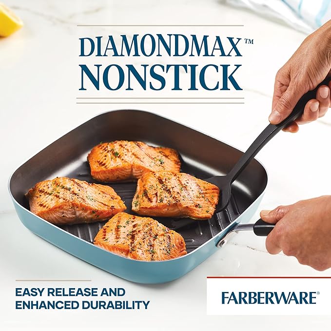 Farberware Cookstart DiamondMax Nonstick Square Deep Grill Pan/Griddle, Dishwasher Safe, 11 Inch - Aqua - Image 2