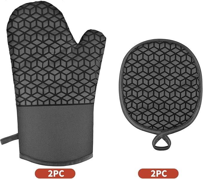 Oven Mitts and Pot Holders,500 ℉ Heat Resistant Oven Mitts Sets,Silicone Oven Gloves, Non-Slip Silicone Textured Grip,Black - Image 7