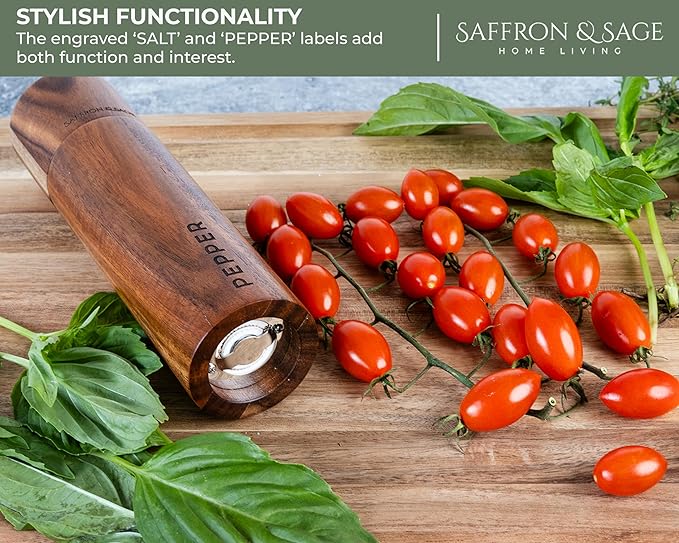Saffron & Sage Premium Acacia Wood Salt and Pepper Grinder Set of 2-8” Tall Salt and Peppercorn Mill with Adjustable Coarse Settings, Rust Resistant, Smooth and Quality Grinding Mechanism