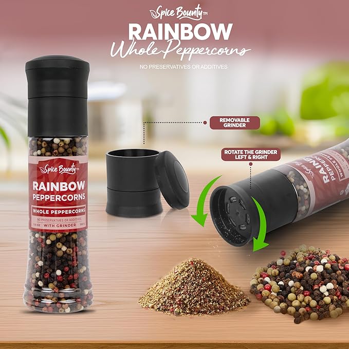 Spice Bounty Rainbow Peppercorn Grinder – 5.6 oz Whole Mixed Peppercorns (Black, White, Green & Pink) – Premium Refillable Grinder, No Additives or Preservatives