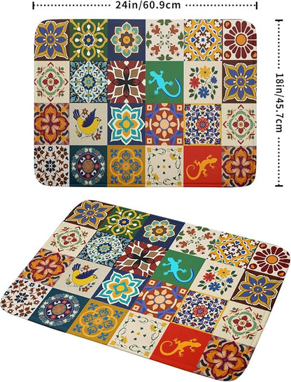 Giwawa Mexican Tile Dish Drying Mat 18"x24" Talavera Boho Floral Print Dish Drainer Mats Rustic Ethnic Traditional Reversible Large Dish Drying Pad Protector for Kitchen Countertop Decor
