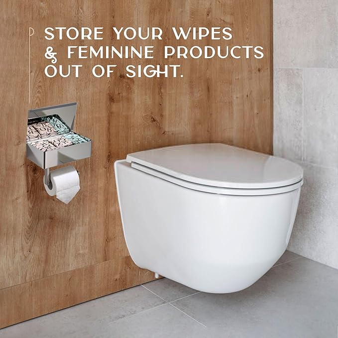 Day Moon™ - Toilet Paper Holder with Shelf - Modern Roll Holder for Bathroom - 1 Pack - Wall Mount - with Storage, Polished Chrome - Image 7